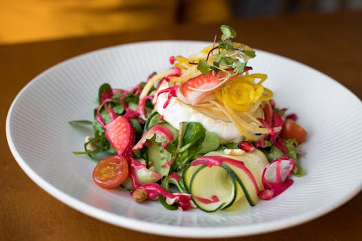 colorful plates of fresh fruits and vegetables