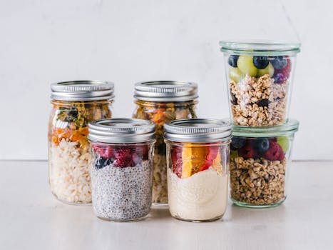 a healthy breakfast spread with oatmeal and fruits